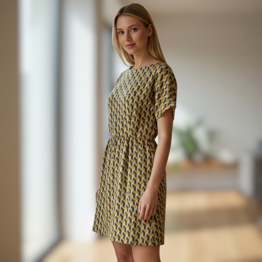 Rag & Bone Dalmeny Silk Dress Size 6 Yellow Blue Geometric Print Zip Back Lined